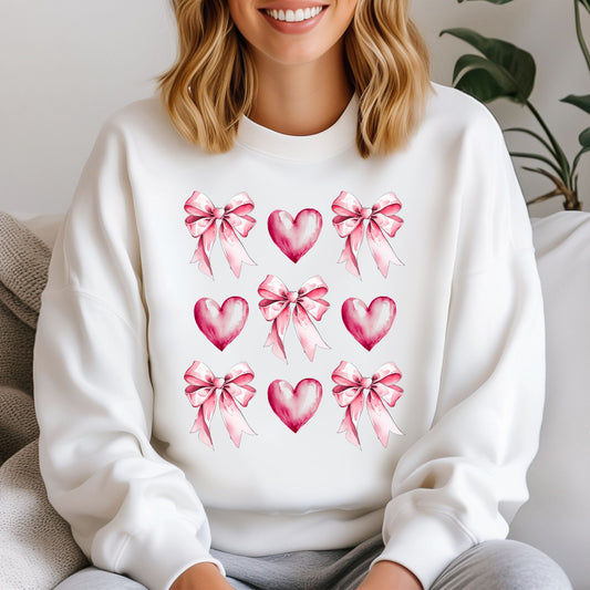 Valentine's Day Heart & Bow Women Crewneck Sweatshirts - White