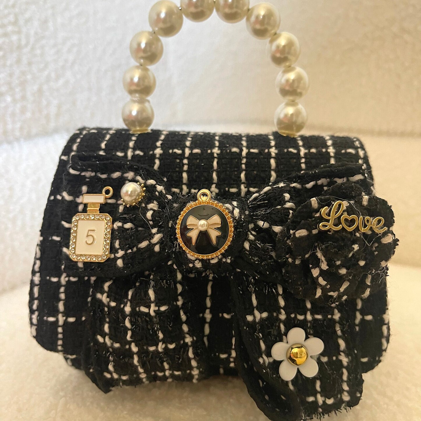 Black Tweed Pearl-Handle Purse
