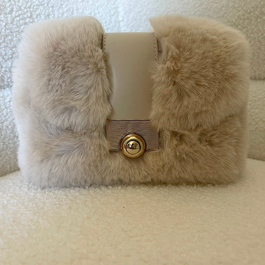 Cream Faux Fur Chain Purse
