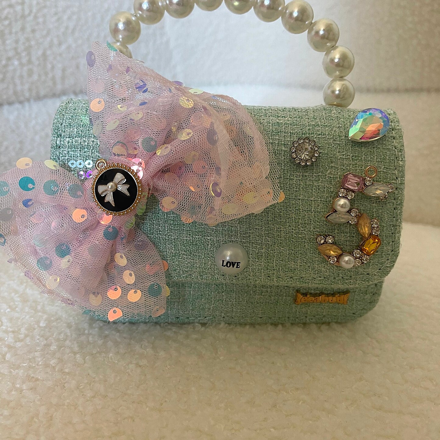 Mint Sequin Pearl-Handle Purse