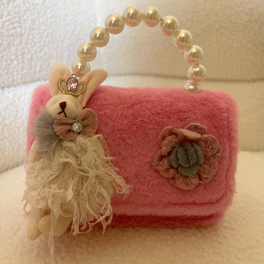 Pink Plush Pearl-Handle Purse