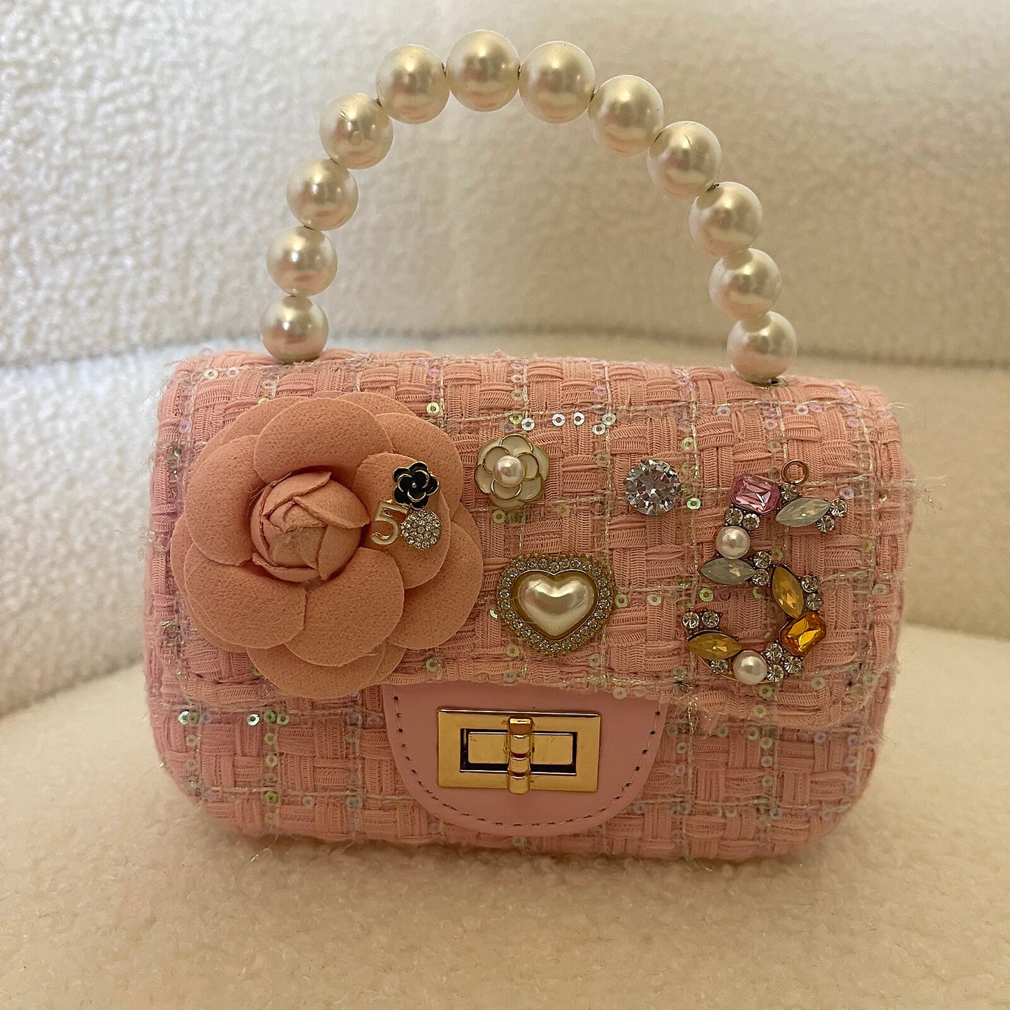 Pink Tweed Pearl-Handle Purse