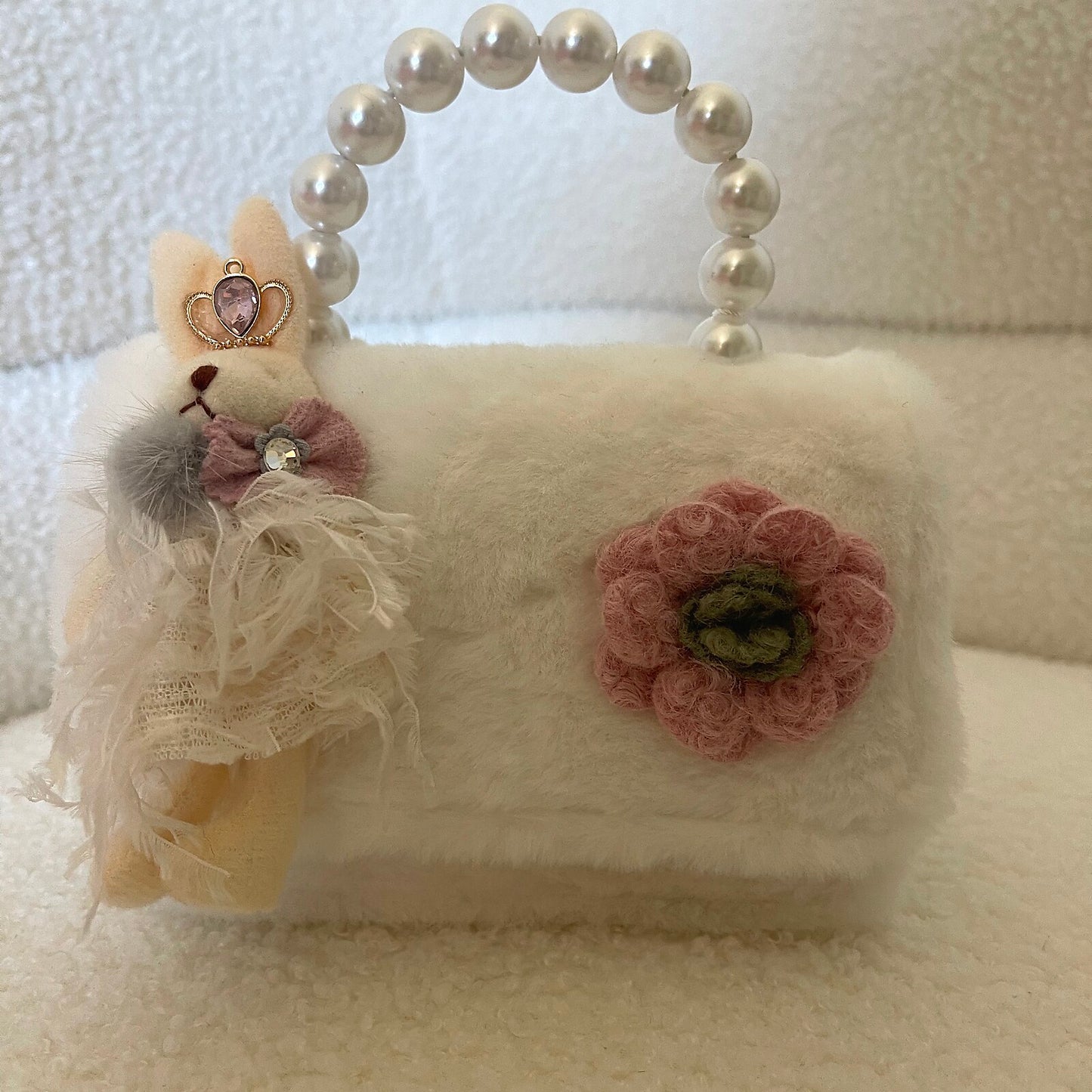 White Plush Pearl-Handle Purse