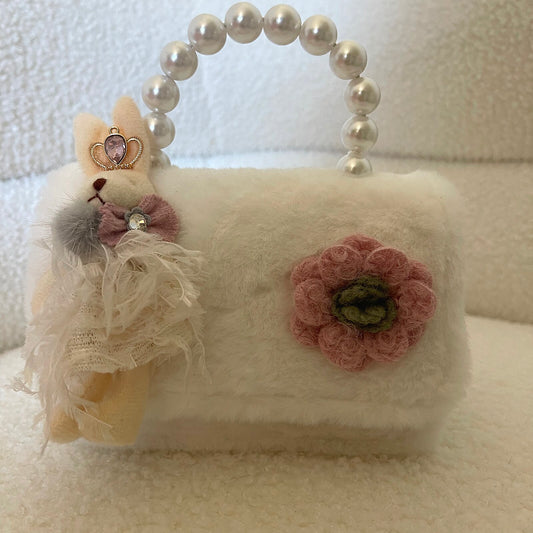White Plush Pearl-Handle Purse